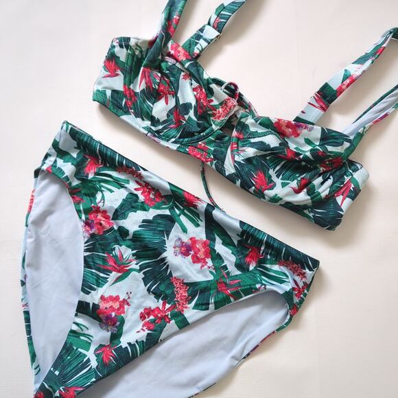 Victorias Secret Bikini Swimsuit Blue Palm Floral Underwire Demi High Rise S 34C - Picture 1 of 9